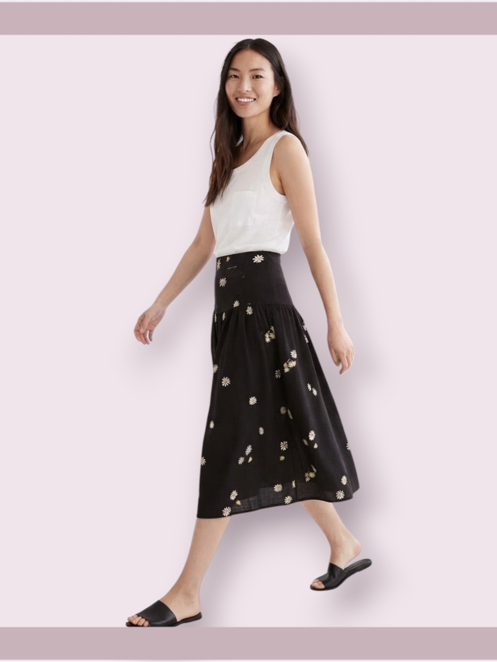 Madewell “Lazy Daisies” Linen Blend Buttoned Yoke Midi Skirt